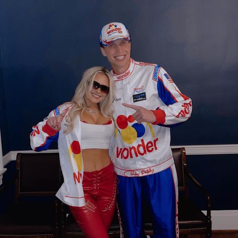 Couples Halloween Costume Race Car Driver, Racing Halloween Costumes Couple, Taledega Nights Girl, Tallegeda Nights Costume, Taladega Nights Wife Costume, Fun Halloween Costumes College, Dodgeball Couples Costume, Iconic Couples Costumes Halloween Movies, Racecar Driver Halloween Costume Couple