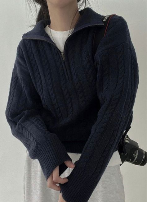 Adrette Outfits, Party Outfits For Women, Women Sweaters, Half Zip Sweaters, Navy Sweaters, Casual Style Outfits, Long Sleeve Knit, Knitted Pullover, Fashion Inspo Outfits