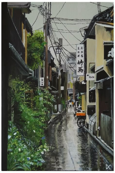 Japanese Street Drawing Simple, Tokyo Painting Easy, Japan Street Painting, Japanese Street Drawing, Japan Painting Acrylic, Japan Neighborhood, Japan Unfiltered, Old Dhaka, Japanese Neighborhood