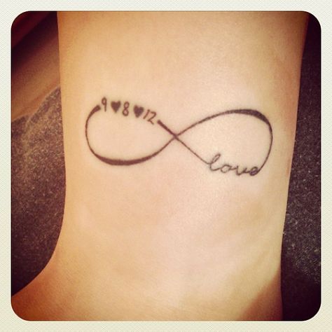 Infinity symbol with love and a date tattoo Endless Love Tattoo, Infinite Love Tattoo, Love Tattoo Designs, Infinity Love Tattoo, Heel Tattoos, Love Tattoo Ideas, Love Symbol Tattoos, Infinity Symbol Tattoo, Infinity Tattoo Designs