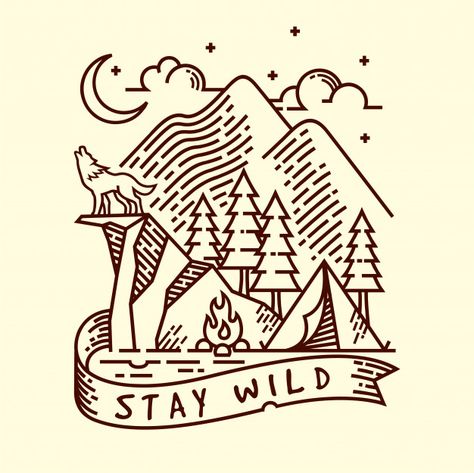 Stay wild linear illustration | Premium Vector #Freepik #vector Line Illustration Design, Desert Drawing, Linear Illustration, Dibujo Simple, Mountain Logos, Illustration T Shirt, Sketch Pad, Zentangle Drawings, Seal Design