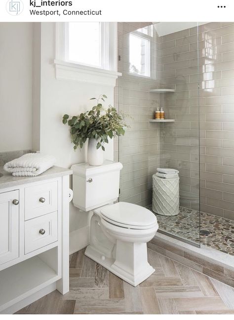 Taupe Tile Bathroom, Taupe Bathroom Ideas, Taupe Bathroom Tile, Open Vanity, Taupe Flooring, Update Small Bathroom, Taupe Bathroom, Jack N Jill Bathroom Ideas, White Tile Shower