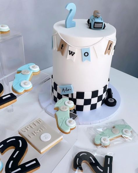 graze events on Instagram: “Last weekends creation for Arlo’s TWO Fast Birthday Party 2️⃣🤍🏁🚙🤩 Biscuits, party bags, balloon display & bouncy castle garland…” 2fast 2 Curious Birthday Cake, Two Fast Birthday Party Cake, Two Fast Two Curious Cake, 2 Fast Cake, Fast One Cake, Second Birthday Cake, 2 Fast 2 Curious Birthday Cake, Two Fast Cake, 2 Fast Birthday Cake