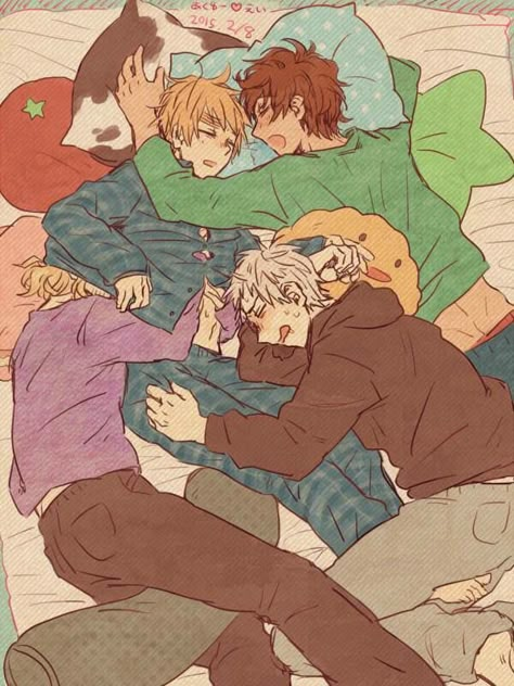 Arthur, Antonio, Gilbert and Francis. Hetalia id=54182355 Member:ひらカタ http://www.pixiv.net/member_illust.php?mode=medium&illust_id=54182355 -- find Francis Spuk Hetalia, Bad Touch Trio, Bad Touch, Sleeping Drawing, Hetalia England, Hetalia Funny, Hetalia Anime, Hetalia Ships, Hetalia Fanart