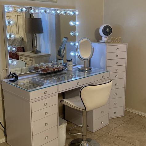 Latitude Run® Vanity - Wayfair Canada Vanity Ideas Bedroom Glass Top, Clear Top Vanity, Makeup Vanities Ideas, Glass Vanity Table, Vanity Desks, Clear Vanity, Glass Top Vanity, Dream Vanity, Bedroom Ideas For Small Rooms Cozy