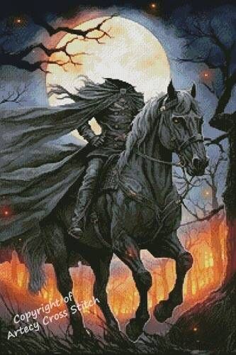 Headless Horseman counted cross stitch pattern designed by Artecy Cross Stitch. Can be printed instantly online. This counted cross stitch pattern of a Headless Horseman was created with Artwork by T Clarke using Midjourney AI. Only full cross stitches are used in this pattern. It is a black and white symbol pattern. Halloween Horse Art, Headless Horseman Drawing, Headless Horseman Art, Sleepy Hollow Headless Horseman, Halloween Legends, Spooky Halloween Art, Headless Horseman Halloween, Sleepy Hollow Halloween, Autumn Board