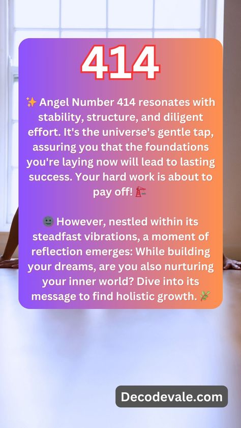 ✨ Angel Number 414 resonates with stability, structure, and diligent effort. It's the universe's gentle tap, assuring you that the foundations you're laying now will lead to lasting success. Your hard work is about to pay off! 🏗️ 🌚 However, nestled within its steadfast vibrations, a moment of reflection emerges: While building your dreams, are you also nurturing your inner world? Dive into its message to find holistic growth. 🌿 414 Angel Number Meaning, Angel Number Meaning, Art Hobby, Angel Number Meanings, Spiritual Stuff, Number Meanings, Inner World, Twin Flames, Angel Number