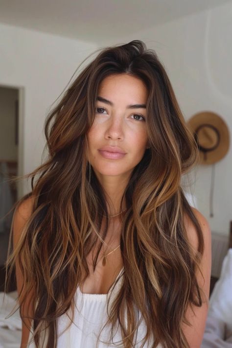 Woman with long, wavy brown hair and highlights, wearing a white top, standing indoors. Light And Dark Hair Color Ideas, Dark Hair Bayalage Long, Melted Brunette Balayage, Hair For Dark Eyebrows, Brunette Hair Color With Dimension, Rich Dimensional Brunette Hair Color, Hair For Dark Features, Long Brown Dimensional Hair, Brown Hair And Lowlights