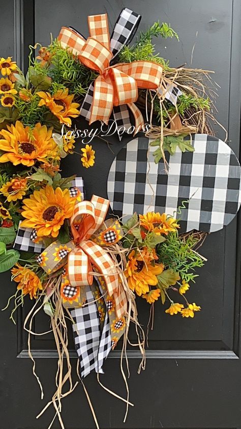 SassyDoorsWreaths Fall Door Wreaths, Front Door Baskets, Wreath Sash, Simple Wreath, Plaid Pumpkin, Fall Thanksgiving Wreaths, Wreath Pumpkin, Fall Things, Fall Arrangements