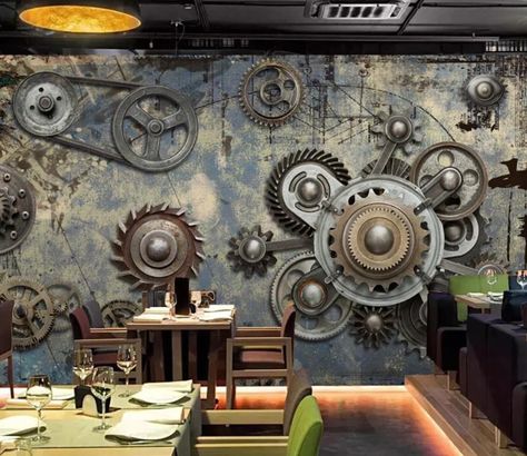 Steampunk House Interiors, Wallpaper Industrial, Study Room Kids, Wall Stickers For Bedroom, Wall Dimension, Large Wall Murals, Mural 3d, Wedding House, Wall Painting Art