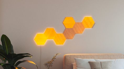 Nanoleaf Designs, Wood Hexagon, Light Panels, Smart Lights, Bespoke Lighting, Yanko Design, Smart Lighting, Kit Homes, Nebraska Furniture Mart