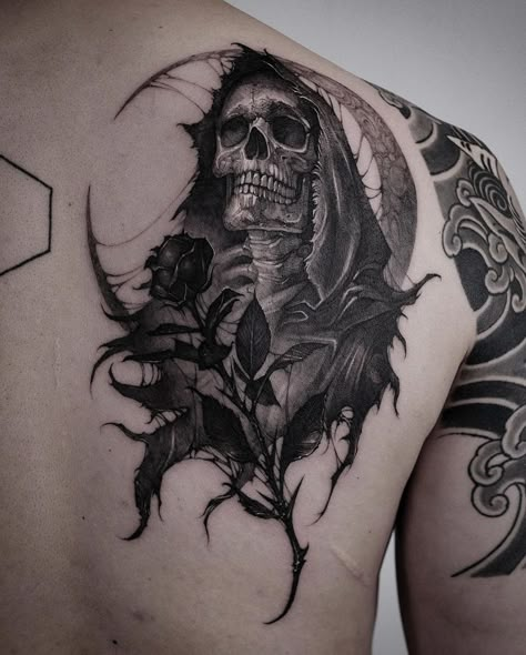 Dark Forearm Tattoo Men, Creepy Sleeve Tattoo, Mens Half Sleeve Tattoo Ideas Upper Arm, Trapezoid Tattoo, Grim Reaper Back Tattoo, Reaper Back Tattoo, Dark Tattoos For Men Creepy, Grim Reaper Tattoo Designs Drawings, Dark Work Tattoo