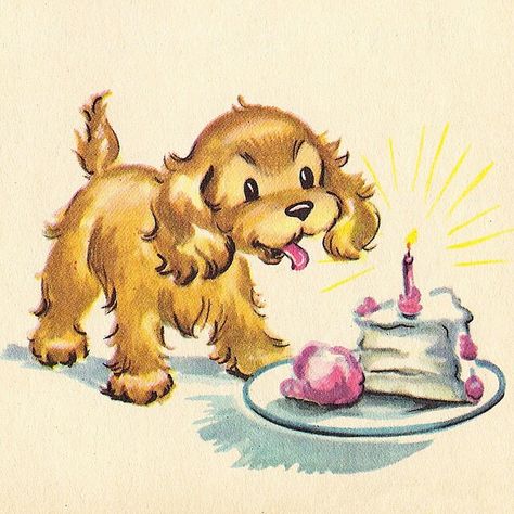 Puppy with cake 1950s Dog Illustration, Vintage Puppy Illustrations, Vintage Dog Drawing, Vintage Birthday Illustration, Dog Vintage Illustration, Birthday Art Ideas, Birthday Art Drawings, Cocker Spaniel Drawing, Cocker Spaniel Illustration