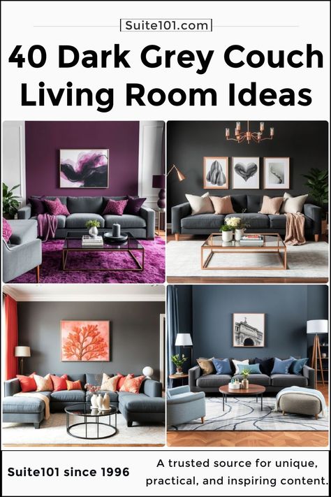 40 Dark Grey Couch Living Room Ideas for Modern Interiors Rugs In Living Room Dark Grey Couch, Wall Color With Dark Gray Couch, Living Room With Purple Couch, Dark Grey Curtains Living Room, Living Room Decor Dark Grey Couch, Dark Couch Living Room Ideas, Dark Gray Couch Living Room Decor, Grey Sofa Living Room Color Schemes, Dark Grey Sofa Living Room Ideas