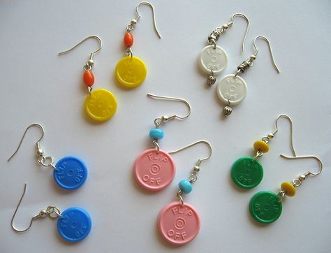 Flip off medication cap earrings Med Cap Crafts, Med Cap Art, Medication Cap Art, Vial Top Crafts, Vial Cap Crafts, Medicine Vial Cap Crafts, Medication Vial Top Crafts, Vial Cap Art, Med Vial Cap Art