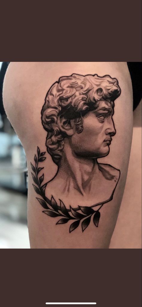 Greek bust tattoo with laurel branch Greek David Tattoo, Greek God Head Tattoo, Marble Bust Tattoo, Female Greek Statue Tattoo, Roman Bust Tattoo, Greek Leaf Tattoo, David Statue Tattoo, Greek Bust Tattoo, Female Greek Statue