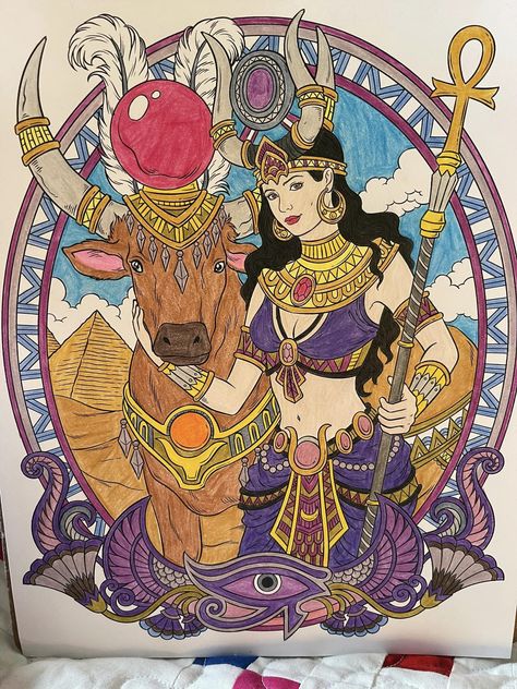 Hathor the Egyptian Goddess of Beauty and Love from Goddesses coloring book by ColorIt Hathor Tattoo Goddesses, Hathor Goddess Art, Hathor Goddess Tattoo, Wadjet Goddess, Kemetic Paganism, Nut Goddess, Hathor Goddess, Ishtar Goddess, Sacred Knowledge