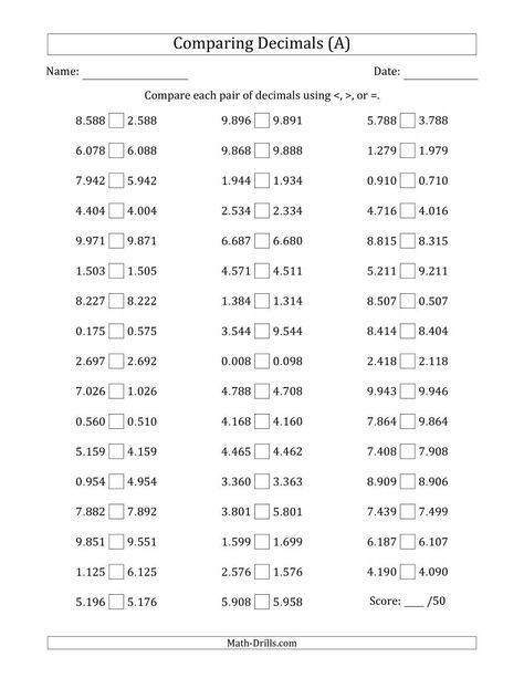 Math Fractions Worksheets, Comparing Decimals, Decimals Activity, Decimals Worksheets, Math Decimals, Decimal Number, Math Drills, Homeschool Lesson Plans, Fractions Worksheets