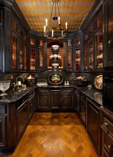 Goth Houses, Black Kitchen Design, Gothic Kitchen, Goth House, Gothic Mansion, Gothic Interior, Gothic Ideas, Victorian Interior, Kitchen Ideas Dark Cabinets