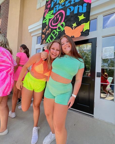 Sorority 80s Theme Outfits, Color Me Sorority Theme, Sorority Polish Week Themes, Neon Sorority Theme, Rave Sorority Theme, Palooza Bid Day Theme, Sorority Outfits Spirit Week, Spirit Week Sorority, Recruitment Work Week Themes