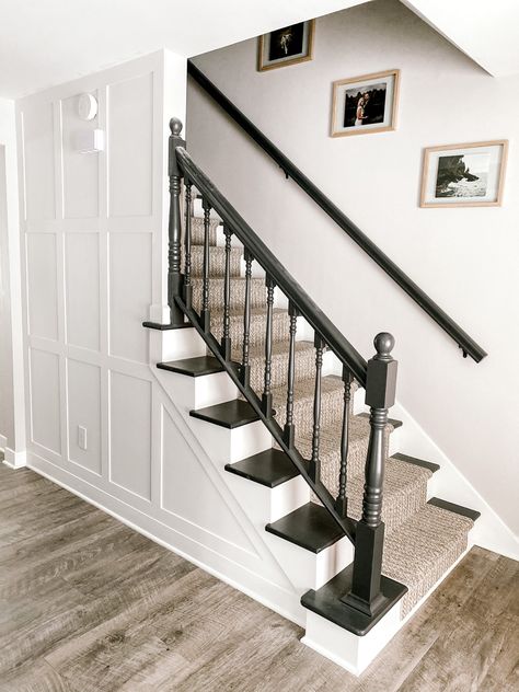 Basement Stairs Handrail Ideas, Stairs With Wall On One Side, Board And Batten Wall Under Stairs, Staircase In Front Of Door Entryway, Stair Wall Board And Batten, Board And Batten Under Stairs, Board And Batten Hallway Wall, Board And Batten Wall Entryway Stairs, Board And Batten Up Staircase