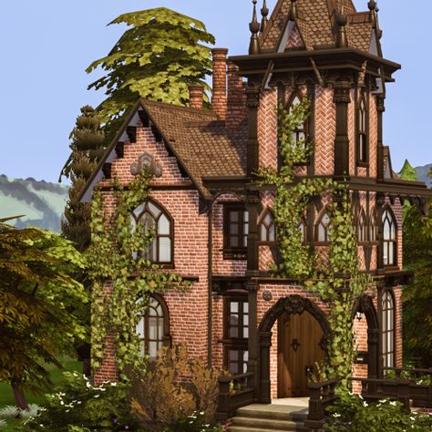 Sims 4 Victorian House, Gothic House Plans, Gothic Revival Cottage, Brick Gothic, Vampire House, Gothic Cottage, Die Sims 4, Sims 4 House Plans, Sims 4 House Building