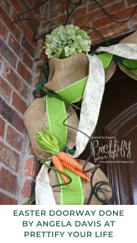 Check out the stunning entry that Angela Davis has created for their home. Her choices of this seasonal creation included burlap ribbon, contrasting ribbon, silk hydrangea, moss roping and other embellishments. Easter Front Door, Door Garland, Easter Door Decor, Angela Davis, Easter Door, Trendy Tree, Spring Door, Spring Holidays, Spring Easter Decor