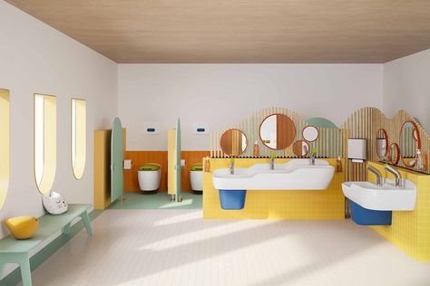 Kids Toilet Design, Kids Washroom, Daycare Bathroom, Vitra Bathrooms, Kids Wall Hanging, Kindergarten Interior, Kids Toilet, Daycare Design, Kids Bathroom Accessories