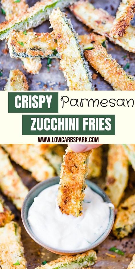 These crispy baked zucchini fries are delicious, satisfying, cheesy, and easy to make. Enjoy these fries as a keto healthy snack, appetizer or side dish for just 1.3g carbs a serving. Zucchini Fries Baked, Cheesy Zucchini Bake, Zucchini Pommes, Low Carb Zucchini Fries, Baked Zucchini Fries, Parmesan Zucchini Fries, Zucchini Recipes Baked, Keto Protein, Easy Zucchini Recipes