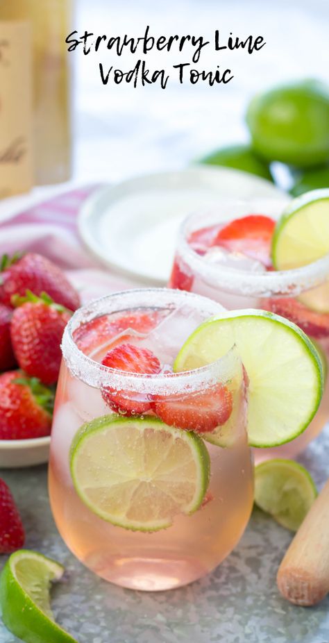 Strawberry Lime Vodka Tonic is made with vodka, tonic water, freshly squeezed lime juice, fresh strawberries and just a pinch of sugar with a sugar rim and a lime slice garnish | vodka cocktails | summer cocktail recipes | vodka tonic recipe | #cocktail Summer Vodka Cocktails, Vodka Tonic, Tonic Recipe, Vodka Cocktails Recipes, Watermelon Margarita, Vodka Cocktail, Strawberry Lime, Boozy Drinks, Summer Cocktail Recipes