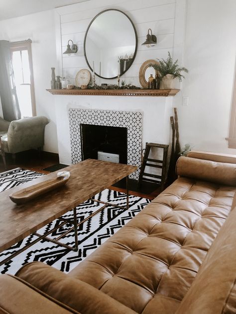 1928 Tudor, fireplace remodel with black and white tiles and shiplap fireplace Black White Tan Living Room, Old House Fireplace, Tan Couch Living Room Ideas, Tudor Fireplace, Tan Couch Living Room, Tan Sectional, Tan Couch, Tan Living Room, Loft Style Living