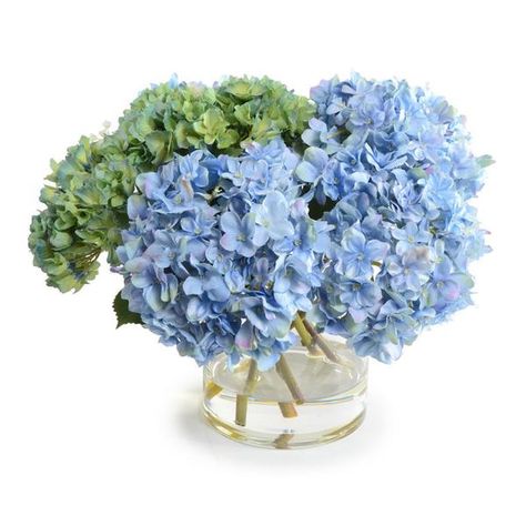 Hydrangea Arrangement Faux Hydrangea Arrangement, Maine Homes, Hydrangea Arrangement, Hydrangea Arrangements, Faux Hydrangea, Clear Vase, Silk Hydrangeas, Glass Cube, Clear Glass Vases