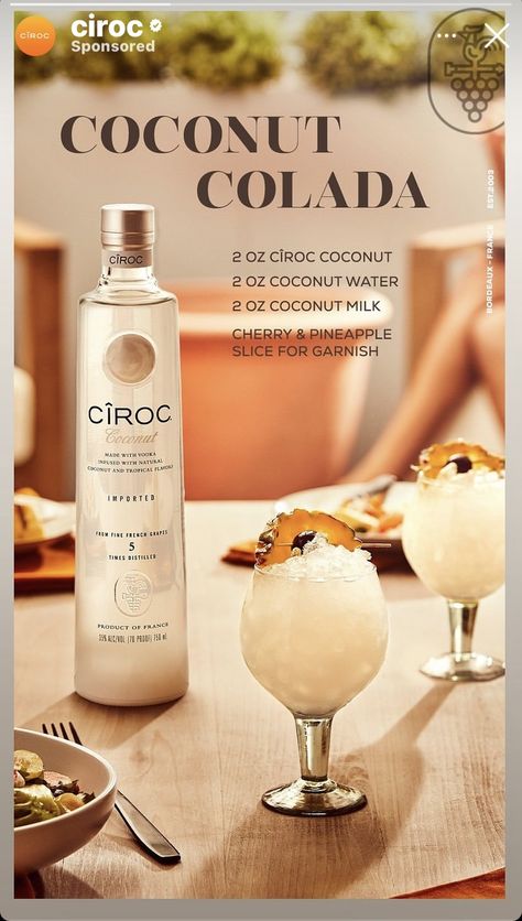 Coconut Vodka Drinks, Coconut Tequila Drinks 1800, Ciroc Coconut, Colada Drinks, Coconut Vodka, Pineapple Slices, Infused Vodka, Yummy Alcoholic Drinks, Vodka Drinks