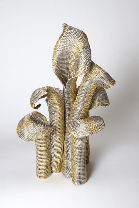 By Christine K Miller Fiber Artist - sculpture created from woven metal fabric handwoven of wire and metallic yarn Woven Sculpture, Metal Weaving, Artist Sculpture, Label Name, Woven Metal, Metal Fabric, Weaving Yarn, Fiber Artist, Woven Chain