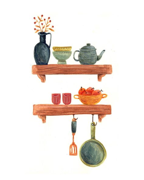 Just a little shelf from a cottage kitchen. I just love illustrating small props and vignettes of everyday life. There’s so much beauty to be found in lovely pottery filled with a few blooming branches or apples from grandma’s garden 🌷🥰 . . . . . #art #illustration #drawing #traditionalart #traditionalillustration #linelgouache #gouache #gouacheillustration #watercolorart #sketch #sketchbook #sketchbooks #sketchbookillustration #childrensillustration #childrensbooks #childrensbookillustration... Shelf Illustration Art, Kitchen Cute Drawing, Cute Kitchen Illustration, Kitchen Illustration Drawings, Garden Art Illustration, Filling Drawing, Vignette Illustration, Kitchen Illustration Art, Kitchen Tools Illustration