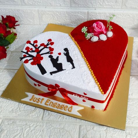 Baked with love 💕 Celebrate love with our heart-shaped Red Velvet Engagement Cake.💍❤️ This elegant design features half adorned with rich red velvet crumbs and fresh florals, while the other half tells a love story with a romantic proposal silhouette under a heart tree. Perfect for making your special moment even sweeter. . . . . #redvelvetcake #engagementcake #heartshapedcake #heartshapedengagementcake #kikubakes #kulkunda #subrahmanya #cakedesign Red Velvet Cake Heart Shape, Love Cake Design Heart, Anniversary Cake Heart Shape, Proposal Silhouette, Engagement Cake Designs, Engagement Stage, Engagement Stage Decoration, Baked With Love, Heart Shaped Cakes