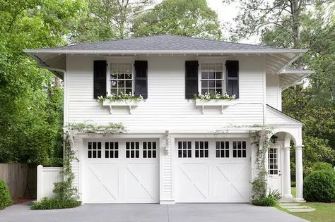 House With Black Shutters, Above Garage Apartment, Carriage Style Garage Doors, Cottage House Exterior, Carriage House Garage, Garage Guest House, School Street, Shake Siding, Cedar Shake