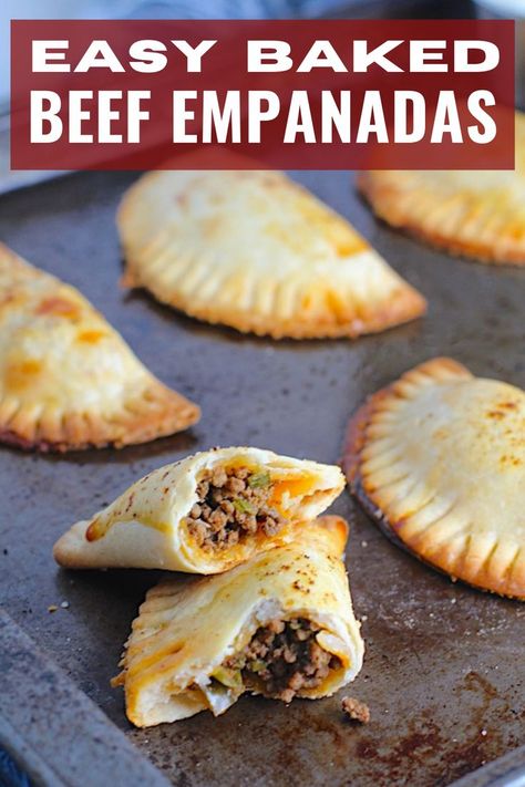 These are little savory pastry pockets of love! These Ground Beef Empanadas recipe is the absolute easiest way to make these babies at home! Flaky, buttery pastry on the outside with a savory, smokey, salty ground beef filling. You can make them all ahead and freeze so you can later bake them off one by one as a snack or all at once for dinner or a party! And incredibly easy to make with only a few steps. #empanadarecipe #empanadas #groundbeefrecipes Ground Beef Empanadas Recipe, Easy Beef Empanadas, Summer Ground Beef Recipes, Ground Beef Empanadas, Easy Empanadas Recipe, Ready Made Pie Crust, Beef Empanadas Recipe, Appetizing Food, Busy Mom Recipes