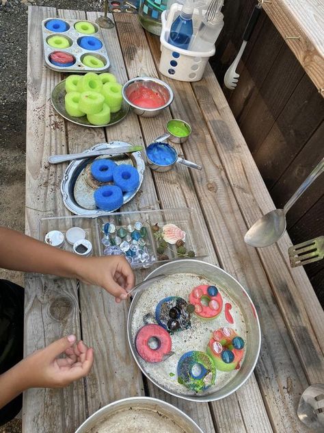 Mud Kitchen Play | 🍩 donut shoppe is open  | Facebook Mud Kitchen Set Up Ideas, Mud Kitchen Activities, Outdoor Eyfs, Montessori Outdoor, Donut Games, Mud Kitchen For Kids, Mud Kitchens, Outdoor Play Spaces, Kitchen Set Up