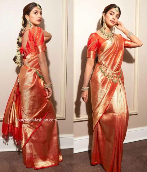 pooja hegde brother wedding pooja in kanjeevaram saree scaled Red Kanjeevaram Saree Bride, Kanjeevaram Saree Look, Kanjeevaram Blouse Designs, Kanjivaram Saree Look, Orange Saree Look, Kanjivaram Sarees Silk Bridal, Bridal Kanjeevaram Saree, Gold Kanjeevaram Saree, Pellikuthuru Function