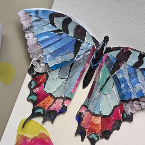 Mixed media butterfly take 2 complete! ✅ I really wanted to get into more mixed media projects but I definitely underestimated the patience it took 🥲 Glad I saw this one through (sorry to my original blue butterfly, you taught me many lessons ✊🏾) #mixedmediaart #papercrafts #paperart #butterflyart #colourfulart #papercollage #collageart #animalart #funart #craftideas Collage Artists Mixed Media, Butterfly Collage Art, Collage Butterfly, Scrap Collage, Butterfly Collage, Mixed Media Diy, Collage Mixed Media, Collage Art Projects, Apartment Art