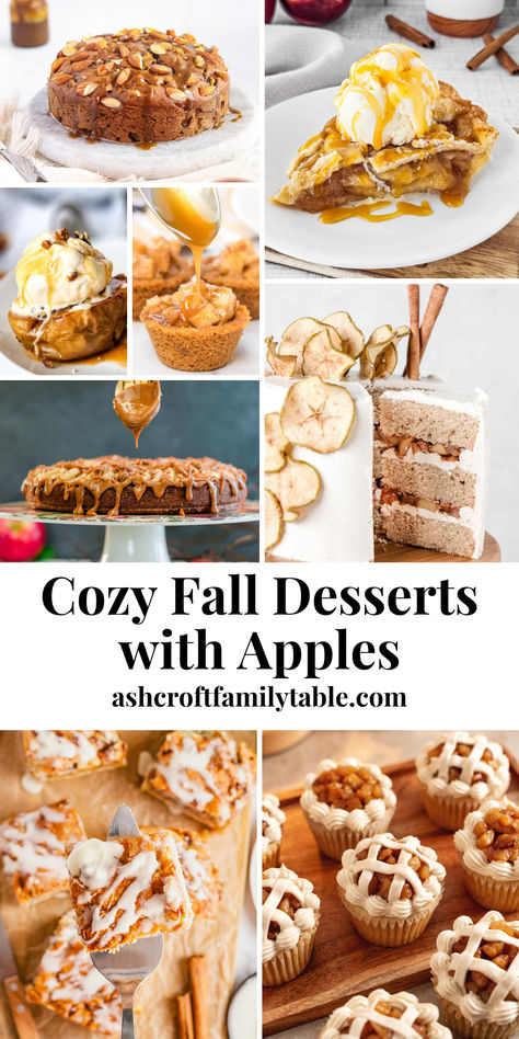 Collage of fall apple desserts for a crowd, including apple cake, apple pie, and apple cupcakes. Desserts Made With Fresh Apples, Dessert Using Apples, No Bake Apple Desserts, Apple Desserts For A Crowd, Apple Thanksgiving Desserts, Apple Pie Trifle, Thanksgiving Apple Desserts, Desserts With Apples, Apple Pie Filling Desserts