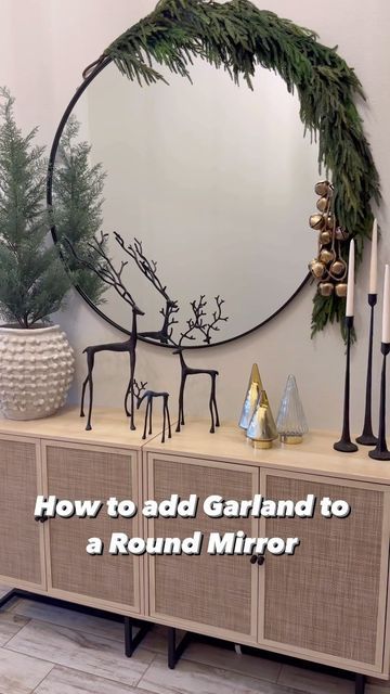 Jessika Molina shared a post on Instagram: "Hey Friends…. I’ve gotten so many requests and questions on how I hung my garland and bells to my mirror and honestly it’s rather simple. I hope this helps! As always if you want to shop the products used in this reel simply tap the blue link in my bio then select the LTK icon. All my links are available once you click the blue link in my bio as well ❤️ I hope you have a amazing weekend and until the next one ✌🏽 • • • • • • • • • • • • • • • • #h Garland Around Round Mirror, Christmas Round Mirror Decor, Garland On Round Mirror, Christmas Mirror Decorations, Wreath On Mirror, Christmas Mirror, Round Mirror Decor, Christmas Entry, My Mirror