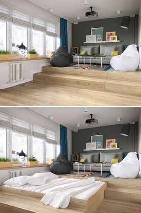 Studio Apartment Hidden Bed, Smart Living Room Space Saving, Bed Under Floor, Hidden Guest Room, Pull Out Bed Under Platform Floor, Platform Living Room Raised, Hidden Bed In Living Room, Smart Spaces Interior Design, Hide Bed In Studio Apartment