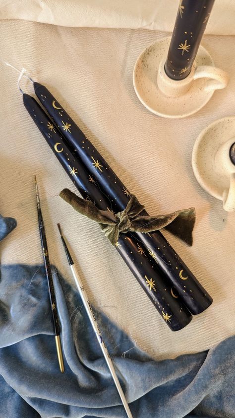 Painted Tapered Candles, Hand Painted Candles Diy, Painted Candlesticks Diy, Witchy Apartment, Painted Taper Candles, Moon And Stars Design, Celestial Aesthetic, Candle Painting, Functional Crafts