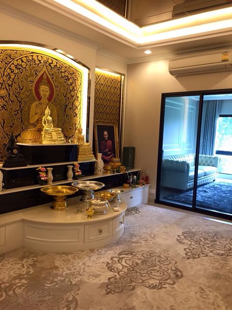 Buddha room Shrine Room Design, Buddha Room Design Modern, ဘုရားခန်း Design, Buddha Home Decor Living Room, Shrine Room, Buddha Temple Design For Home, Buddhist Home Decor, Budha Decoration Bedroom, Buddha Room