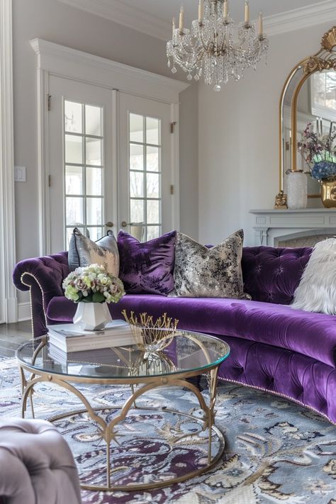 Elegant Glam Decor: Luxurious Fabrics Grey And Purple Glam Living Room, Glam Living Room Decor Luxury, Purple Luxury Living Room, Lilac Interior Design Lavender, Luxurious Bedrooms Purple, Luxury Purple Statement Jewelry, Glam Interior Design, Glamorous Living Room, Glam Living Room Decor