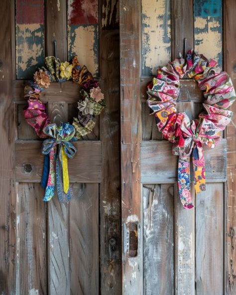 Turn fabric scraps into enchanting wreaths with these 5 stunning ideas Wreaths Made With Fabric, Ribbon Wreath Tutorial Step By Step, Fabric Wreaths Diy No Sew, Scrap Wreath, Fabric Wreath Tutorial, Ribbon Wreath Tutorial, Twine Wreath, Fabric Wreaths, Deco Mesh Wreaths Tutorials