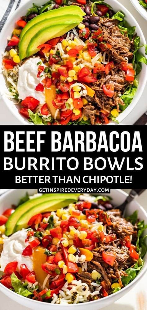 Better than Chipotle for sure, these beef Barbacoa Burrito Bowls are easy to make. And they pack in so much flavor you're going to want to make them often. There are lots of extra tips and recipes provided to make this dairy-free and paleo. We love making the different parts of this burrito bowl for meal prep. That way you have everything ready to go in the fridge, and can make burrito bowls all week. Or you can serve this right away for family style dinner where everyone can 'build their ... Beef Barbacoa, Bowls Recipes, Rice On The Stove, Quinoa Bowls, Burrito Bowls Recipe, Healthy Bowls Recipes, Barbacoa Beef, Beef Bowls, Family Style Dinner