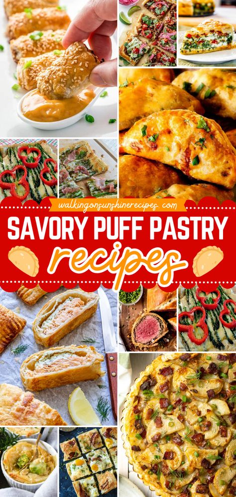 The perfect addition to any breakfast platter! This roundup features puff pastry recipes with a savory filling like pizza, pot pies, quiche, and more. You'll love them as a quick lunch recipe and a family dinner idea, too! Savory Puff Pastry Recipes, Puff Pastry Savory, Puff Pastry Recipes Dinner, Pastry Recipes Savory, Puff Pastry Recipes Appetizers, Recipes Using Puff Pastry, Recipes Puff Pastry, Pastry Savory, Puff Pastry Ideas